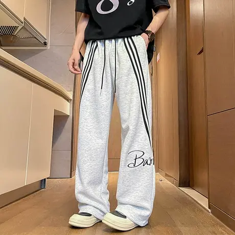 潮牌美式条纹裤子男春秋季2025新款复古街头直筒宽松运动休闲长裤商品大图