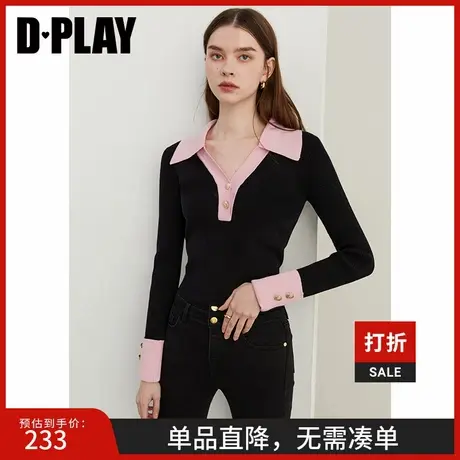 DPLAY2025春季法式黑色拼粉色针织衫高级感内搭打底衫毛衣上衣女商品大图