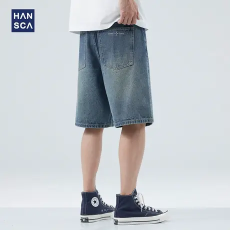 hansca丹宁蓝牛仔短裤男夏季薄款直筒休闲中裤宽松水洗五分裤子男商品大图