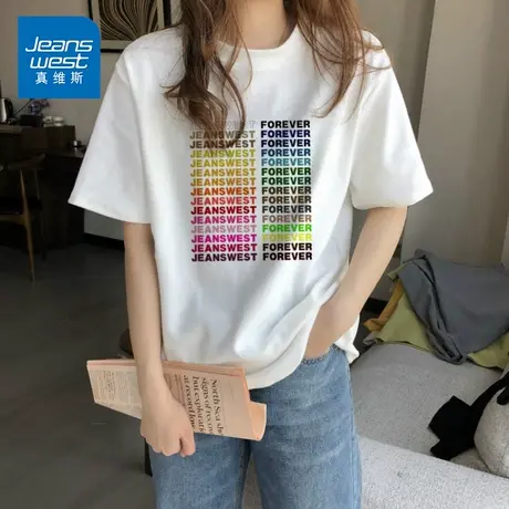 KP真维斯女装纯棉短袖T恤女2025春夏新款ins印花圆领夏装半袖上衣商品大图