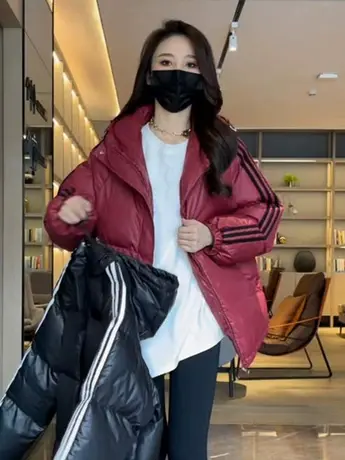 欧货三条杠连帽面包服外套女2023冬季新款时尚洋气宽松棉服潮棉衣商品大图