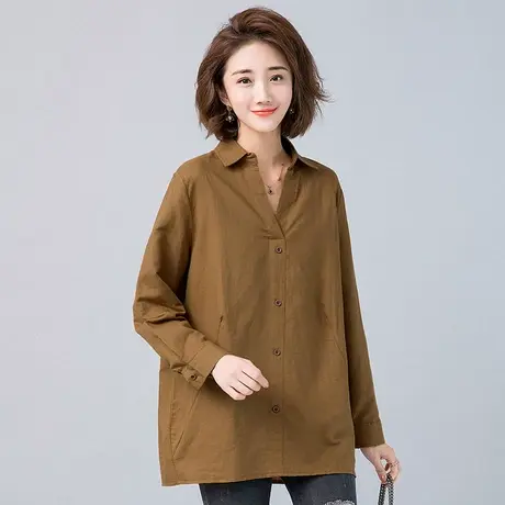 凯诗帕春季加肥加大码女装宽松显瘦亚麻休闲衬衣女长袖V领中长款商品大图