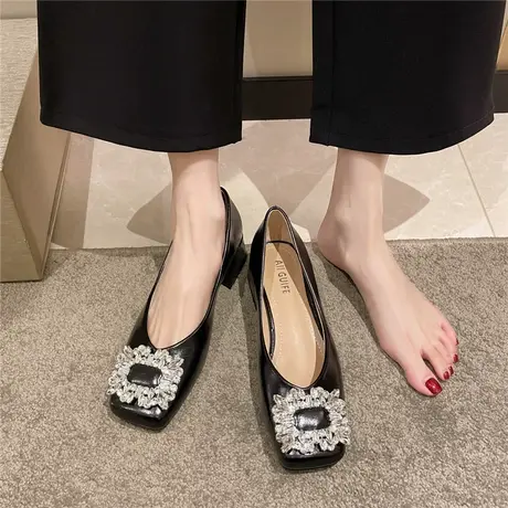 2023新款水钻方头高跟鞋女网红浅口中跟粗跟温柔淑女晚风法式单鞋图片