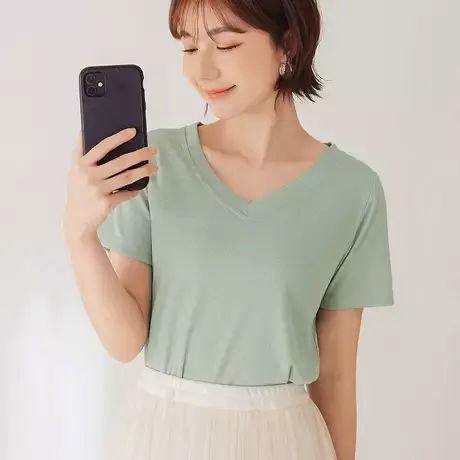 桔熊夏季简约休闲V领t恤女装修身舒适短袖弹力上衣大码AB17474商品大图