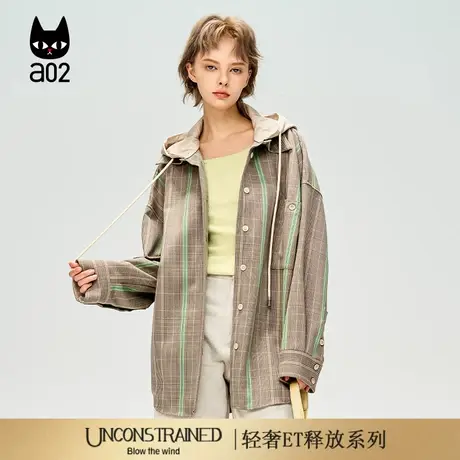 a02【ET释放系列】条纹衬衫秋季新款衬衣外套连帽气质女士上衣图片