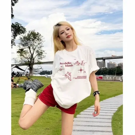下衣失踪大版美式辣妹风白色落肩t恤女短袖超火宽松纯棉半袖上衣图片