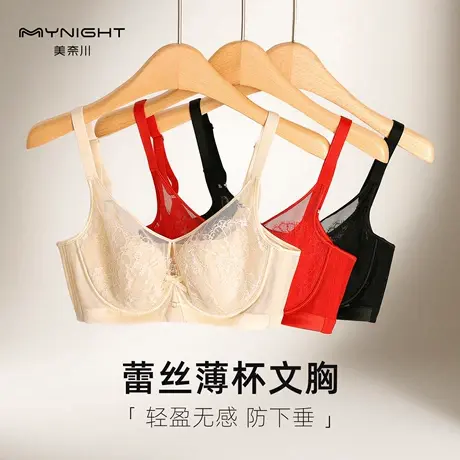 美奈川新款蕾丝内衣女大胸显小防下垂聚拢上托侧收副乳薄款无钢圈商品大图