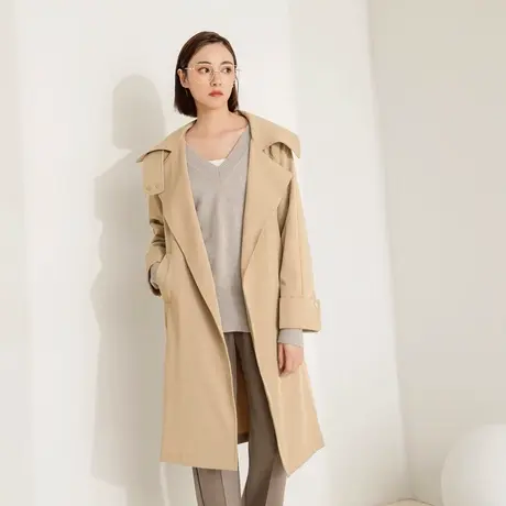 桔熊春秋季通勤翻领长袖收腰垂感宽松长款风衣外套女装大码EA3367图片