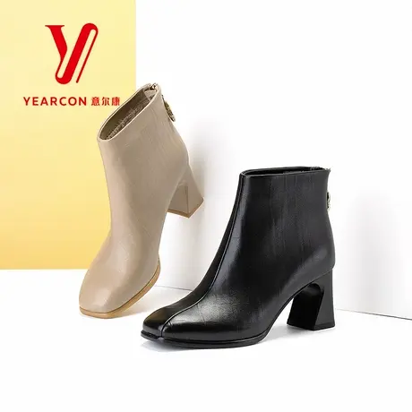意尔康女靴2025新款秋冬季加绒短靴女粗跟时装靴子高跟方头瘦瘦靴图片