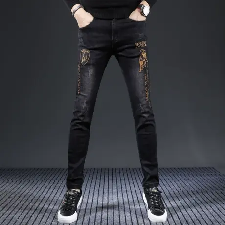 高端潮牌刺绣牛仔裤男款修身小脚裤2023新款黑色潮流弹力男士裤子商品大图