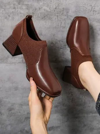 通勤粗跟深口单鞋女2023年春季新款方头高跟软皮复古小皮鞋裸靴商品大图