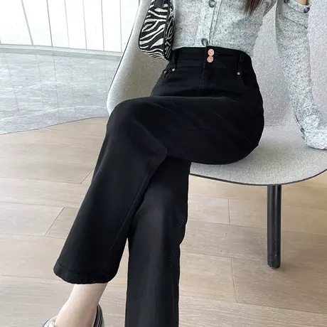 黑色直筒牛仔裤女2023年新款春秋高腰显瘦修身弹力小个子烟管裤子商品大图