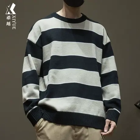 希越条纹撞色圆领毛衣男士宽松大码套头线衣秋冬慵懒风打底针织衫商品大图