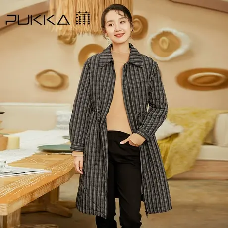 蒲PUKKA 秋冬季棉衣女翻领格纹中长款宽松抽绳收腰翻领棉服外套商品大图