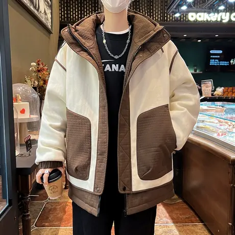 加棉加厚棉衣男士外套冬季2023新款潮牌拼撞色羽绒棉服面包服棉袄图片