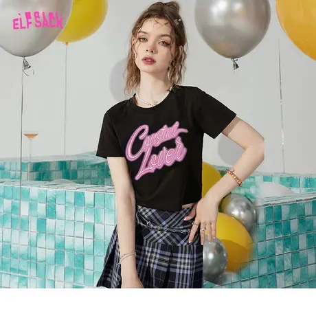 妖精的口袋bm黑色短袖正肩t恤女2023夏新款显瘦印花短款辣妹上衣商品大图