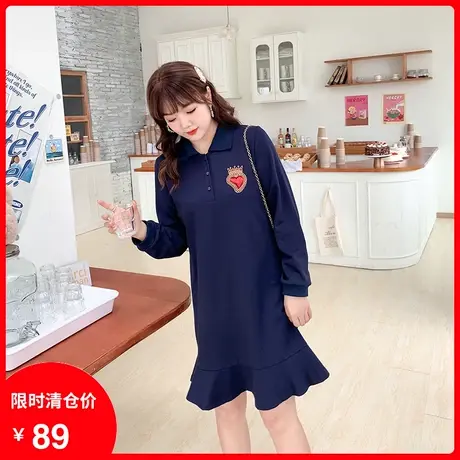 【清仓】装新款长袖POLO裙荷叶摆直筒宽松显瘦遮肚胖MM大码连衣裙商品大图