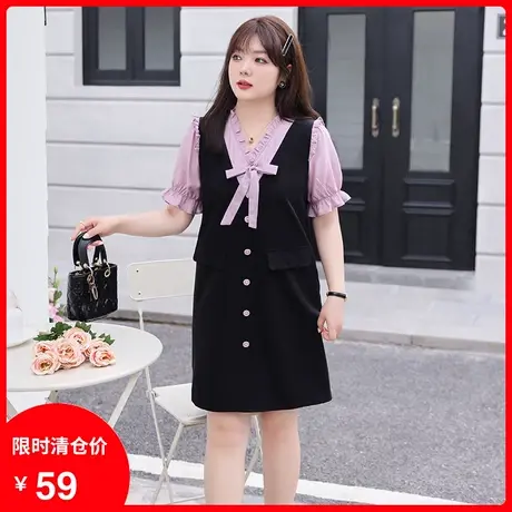 2023年夏装新款法式气质假两件直筒裙宽松百搭显瘦大码胖MM连衣裙商品大图
