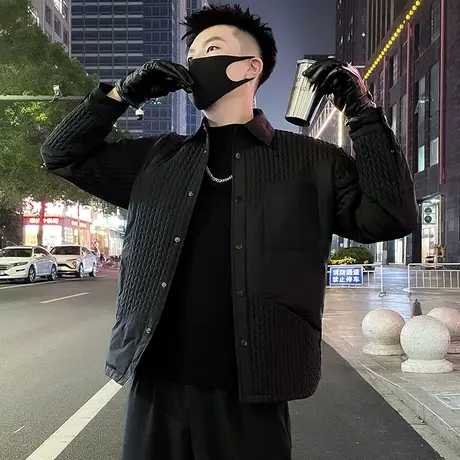 冬季新款麦穗格拼接棉服外套男ins轻熟百搭立领防寒棉衣夹克上衣图片