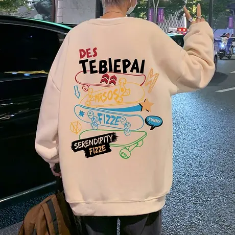 宽松潮流滑板印花圆领卫衣男春秋季套头新款嘻哈小众设计感上衣服商品大图