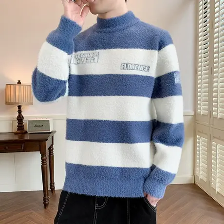 半高领毛衣男孩12岁15初高中学生13秋冬装条纹打底衫14大童针织衫图片