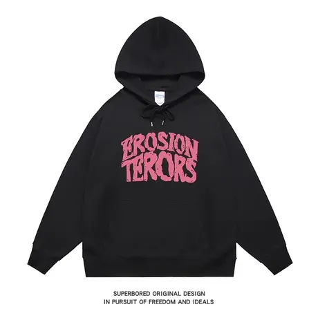 美式休闲复古潮流粉色字母印花卫衣男连帽秋冬款宽松上衣情侣装图片