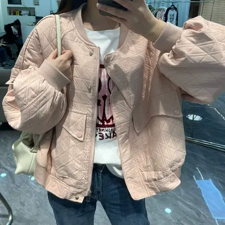 韩版简约慵懒风圆领拉链纯色长袖棒球服外套女春季新宽松潮流上衣商品大图