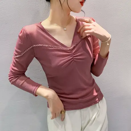 欧货网纱打底衫女长袖2024秋季新款性感V领钉珠上衣修身百搭T恤潮商品大图