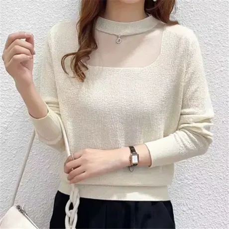 别致设计感拼接蕾丝圆领长袖针织衫毛衣女秋冬新款内搭上衣打底衫商品大图