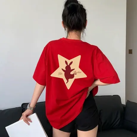 属兔年本命年衣服2025新款过新年红色时尚女装中长款纯棉短袖t恤商品大图