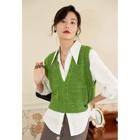 弥古绿色v领针织背心马甲女春秋小众短款套头毛衣马夹叠穿高级感商品大图