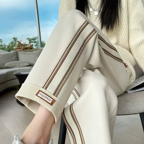 羊绒毛呢阔腿裤女秋冬季加绒防风裤高腰宽松休闲小个子九分直筒裤图片