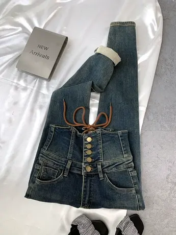 复古排扣牛仔小脚裤女2023秋冬新款加绒铅笔裤小众设计抽绳包臀裤商品大图