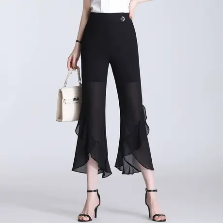 小个子雪纺喇叭裤女夏薄款2023新款不规则荷叶边鱼尾微喇裤九分裤商品大图