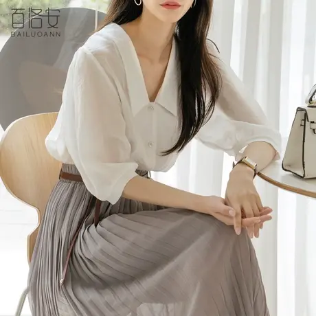百洛安五分袖衬衣女夏新款时尚小心机领上衣宽松显瘦气质法式衬衫图片