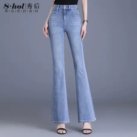 高腰l微喇牛仔裤女九分2023年夏季新款烫钻修身喇叭裤设计感女裤商品大图