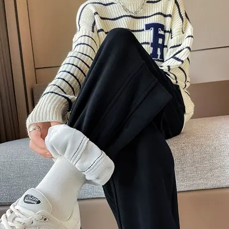 黑色九分运动裤女冬季新款加绒加厚高腰阔腿宽松显瘦小个子哈伦裤图片