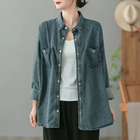 dza 复古宽松牛仔衬衫外套女士春秋新款休闲长袖衬衣翻领显瘦上衣图片