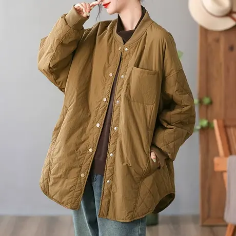 dza 复古中长款棒球领棉衣外套女士冬季保暖棉服上衣宽松休闲棉袄图片