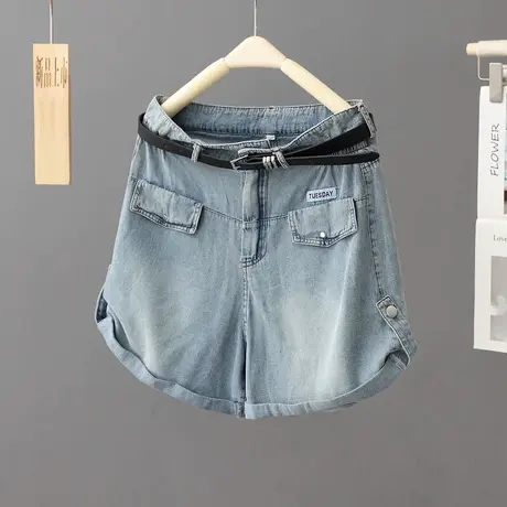 带腰带浅蓝色牛仔短裤女夏季薄款2024年新款洋气百搭直筒裤热裤子图片