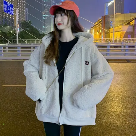 羊羔毛外套女2023新款秋冬宽松韩版小香风上衣加绒加厚开衫棒球服商品大图