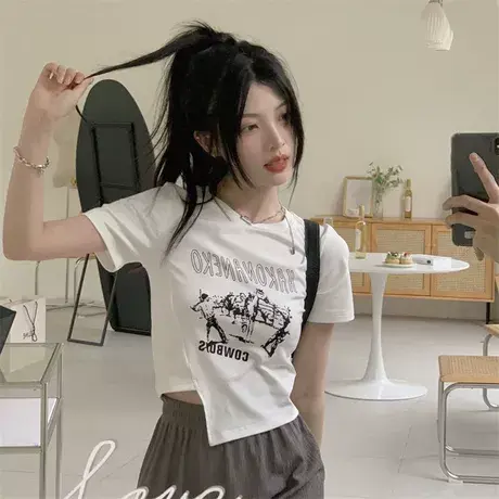 夏季设计感小众纯欲风甜辣妹性感圆领短袖t恤女不规则短款上衣商品大图