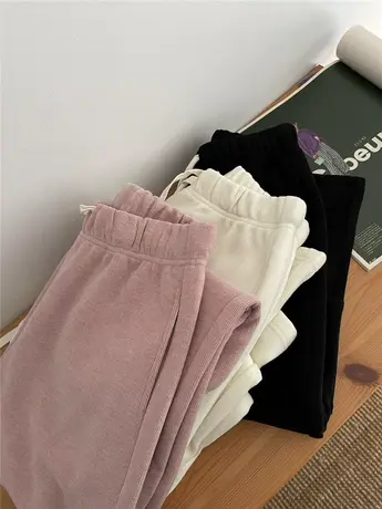 每年bi入！软糯高腰抽绳松紧腰加厚婴儿绒直筒阔腿裤休闲长裤女图片