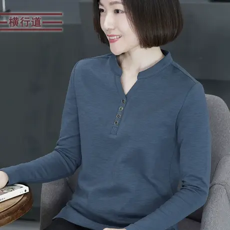 横行道2025新款V领打底衫纯棉宽松长袖t恤女立领妈妈中年上衣大码商品大图