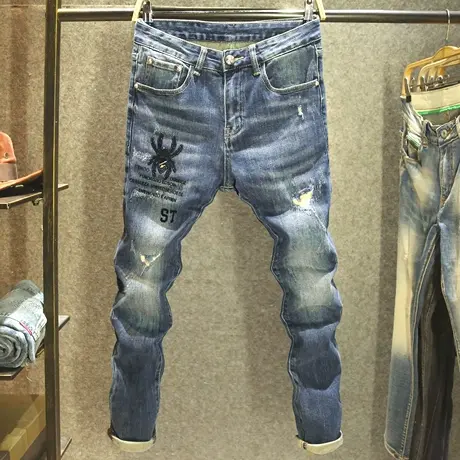 秋冬破洞牛仔裤男修身小脚裤高级感轻奢个性蜘蛛图案烫钻潮牌长裤商品大图