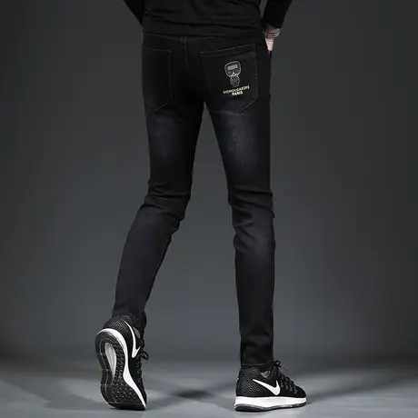 黑色牛仔裤男秋冬新款潮牌印花修身小脚男士弹力厚款休闲潮流裤子商品大图