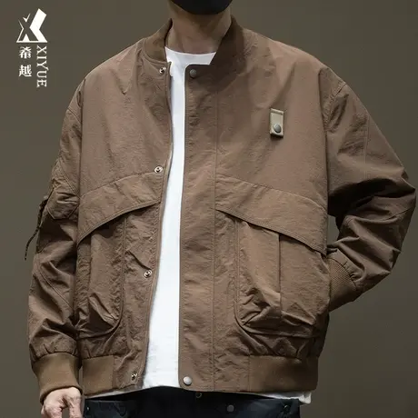 2023秋冬潮牌男士夹克咖色飞行员外套宽松大码设计感大口袋棒球服商品大图