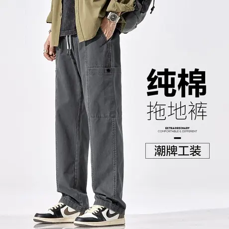 春天纯棉高级感垂感阔腿美式工装春秋款男士宽松紧腰休闲裤子春季商品大图