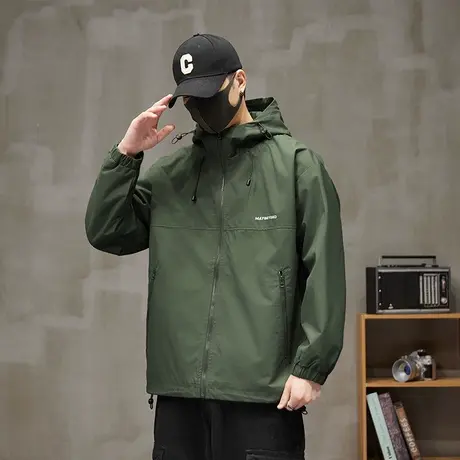 春季春秋款防风防水拉链抽绳连帽飞行员夹克外套男士宽松休闲男装商品大图
