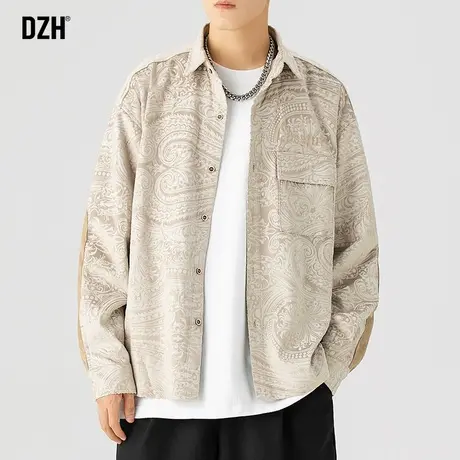 男士卡其色长袖衬衫男高级感日系男装2023新款秋季外套休闲衬衣男商品大图